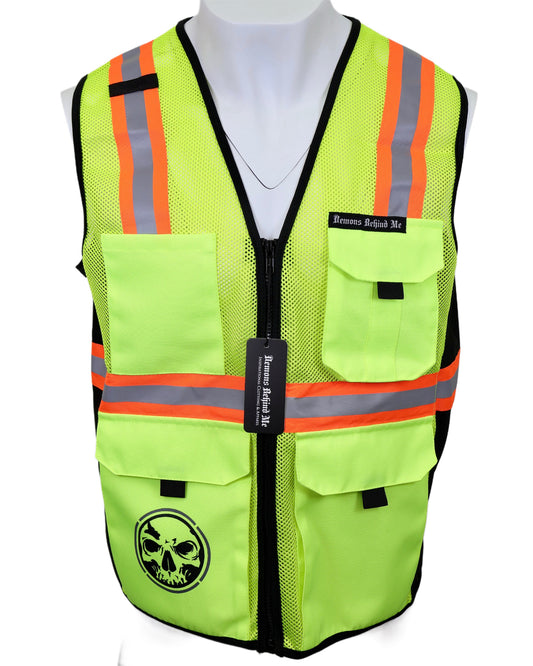 High-visibility safety vest with reflective stripes on a white background