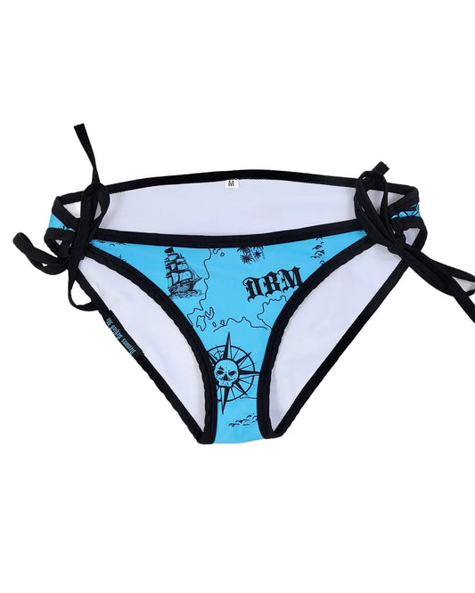 Blue and black bikini bottom with black accents on a white background