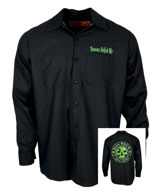 Men's Long Sleeve Black Embroidered Shop Shirt - Green Logo