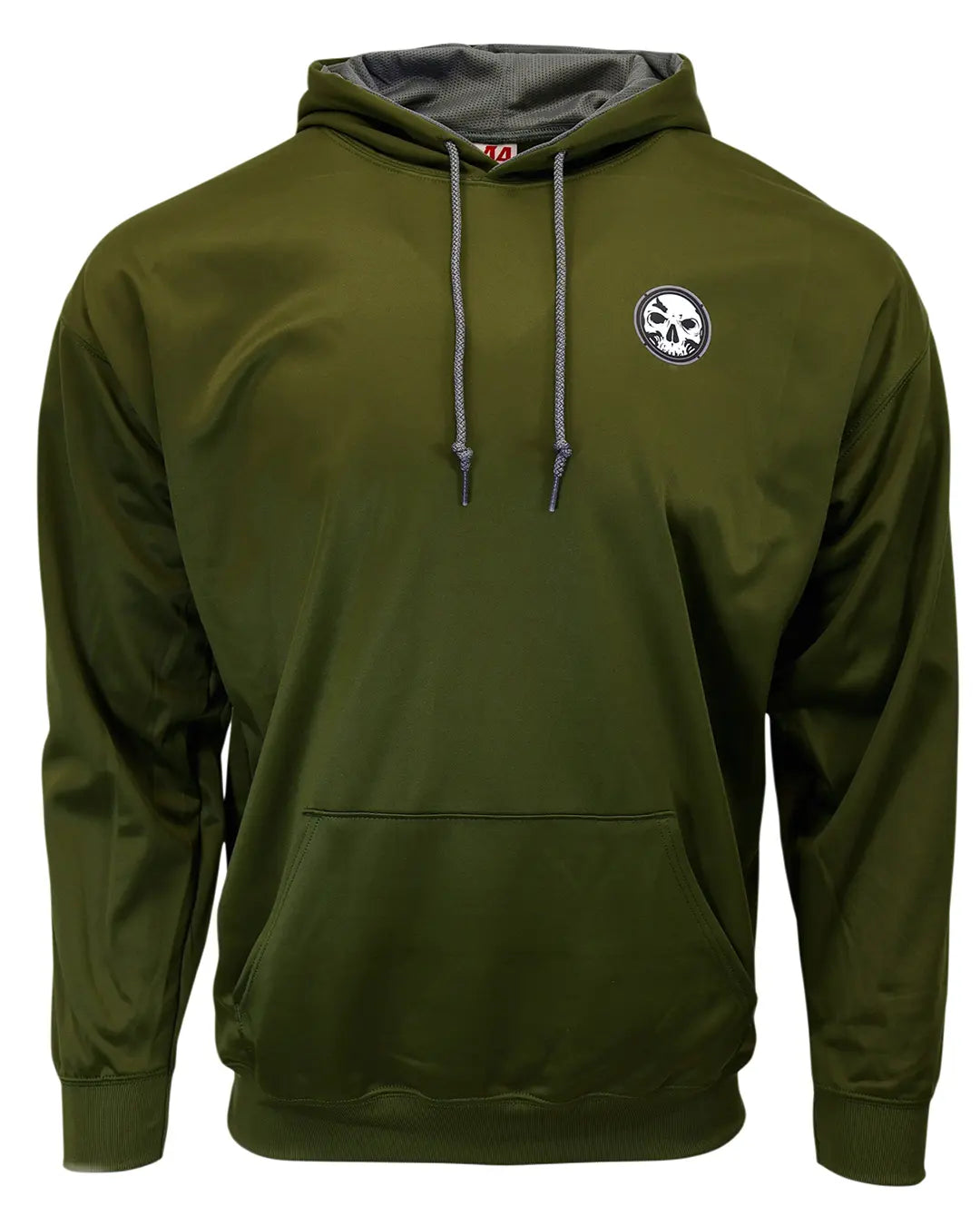 Olive Green Unisex Performance Hooded Sweatshirt, front view with skull chest logo and pouch pocket