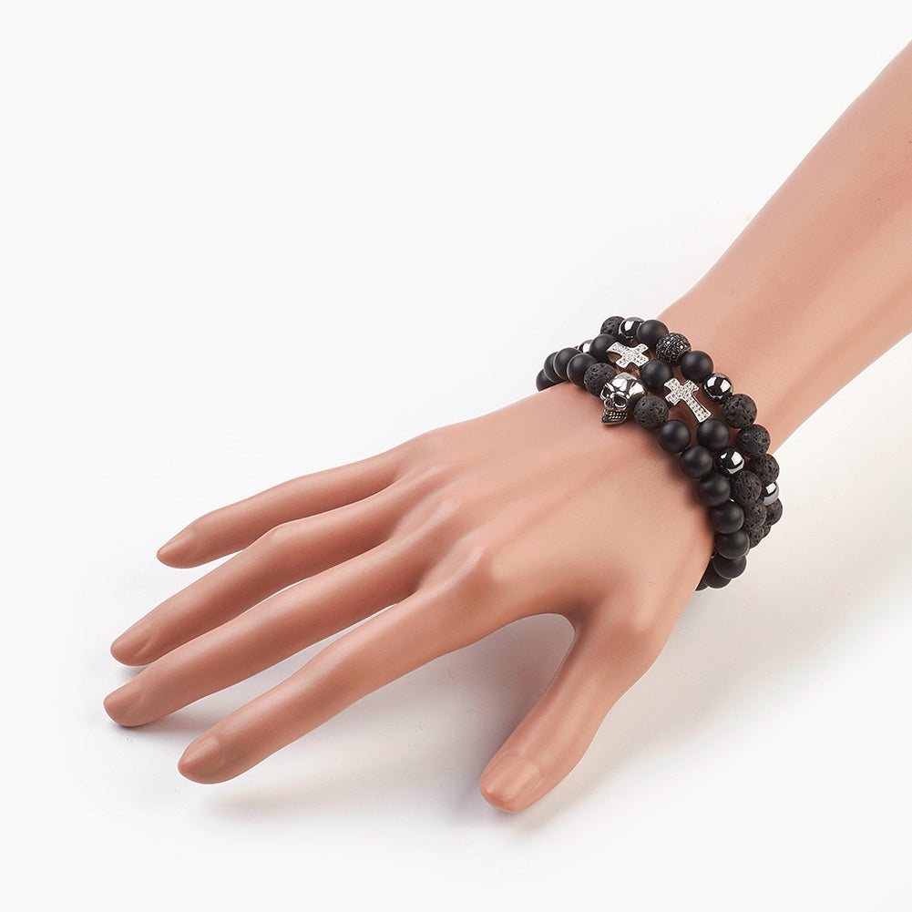 3 Bracelet Set!  Skull, Cross & More - Lava Rock Beads Bracelets