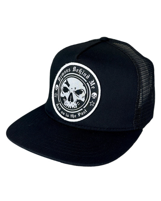 Black Classic Trucker Circle Skull Patch Hat