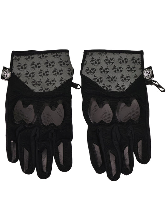 Pair of black gloves with gray paw print pattern on a white background
