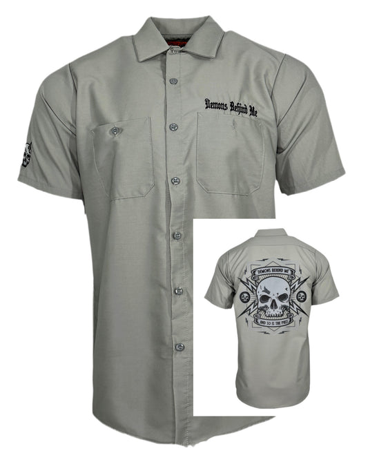 Embroidered Shop Shirt - Men's Warm Gray Electric Head