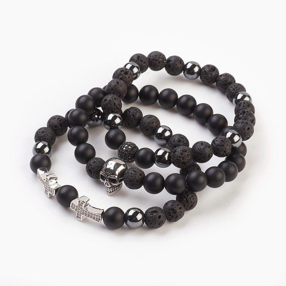 3 Bracelet Set!  Skull, Cross & More - Lava Rock Beads Bracelets