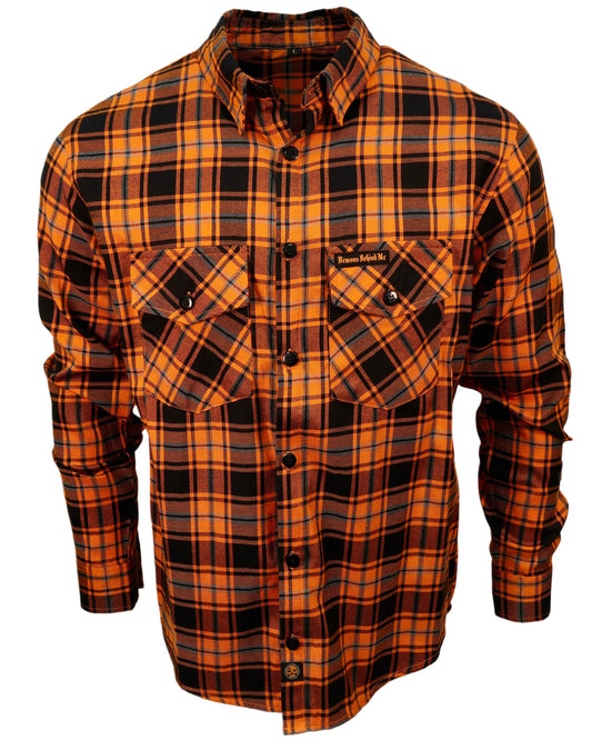 Orange and black plaid shirt on a white background