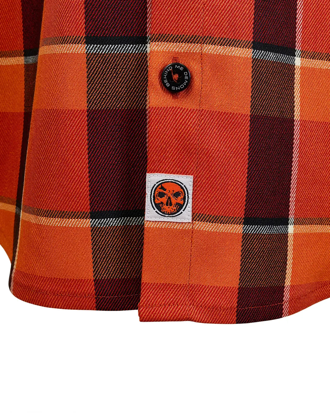 Men’s “Harvest” 2.0 orange plaid premium flannel – button and hem detail