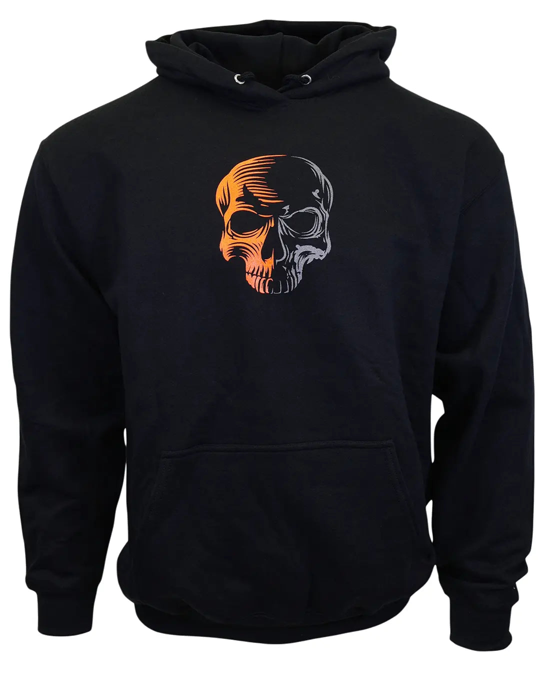 The "Blaze" black unisex hoodie front with orange and gray split-skull artwork