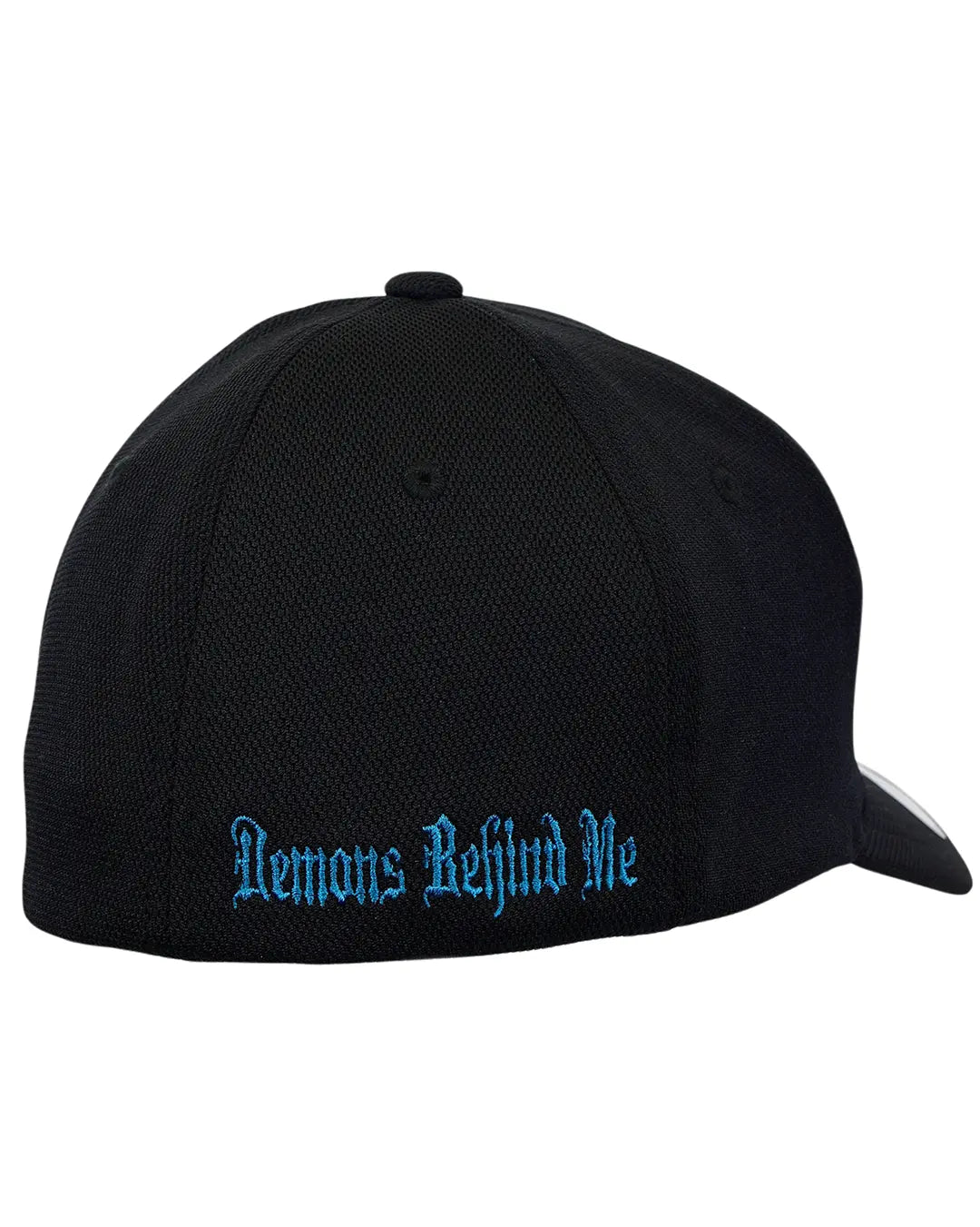 Back view of black “Never Fade” suicide prevention cap with teal Demons Behind Me embroidery