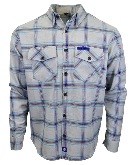 Men’s “Blueprint” gray plaid flannel shirt front view