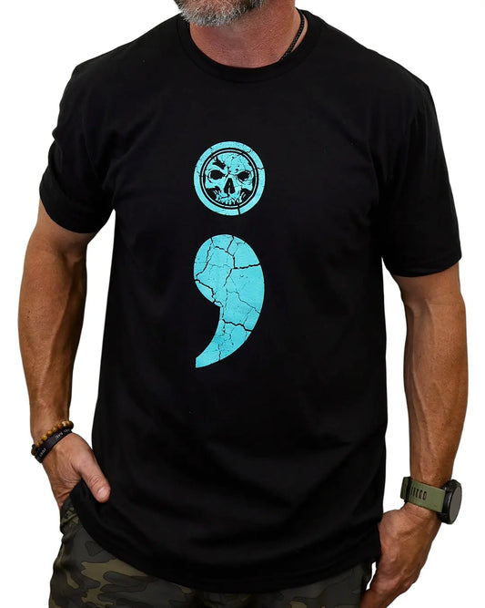 Man wearing black Semicolon 2.0 suicide prevention T-shirt, front view