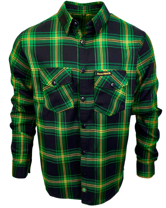 The "Lucky 2.0" Green, Black & Gold Clover Flannel (Hidden Snap Collar)