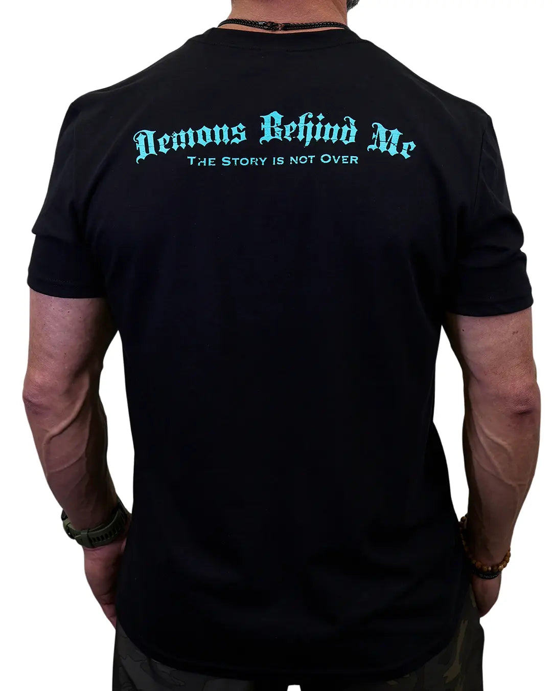 Black “Continue” suicide prevention T-shirt, back view
