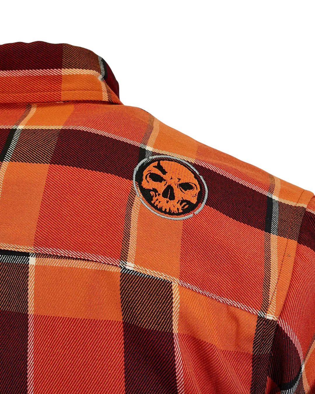 Men’s “Harvest” 2.0 orange plaid premium flannel – shoulder patch detail