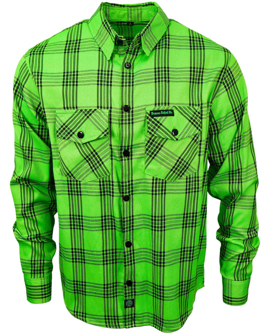 Green plaid shirt with black accents on a white background