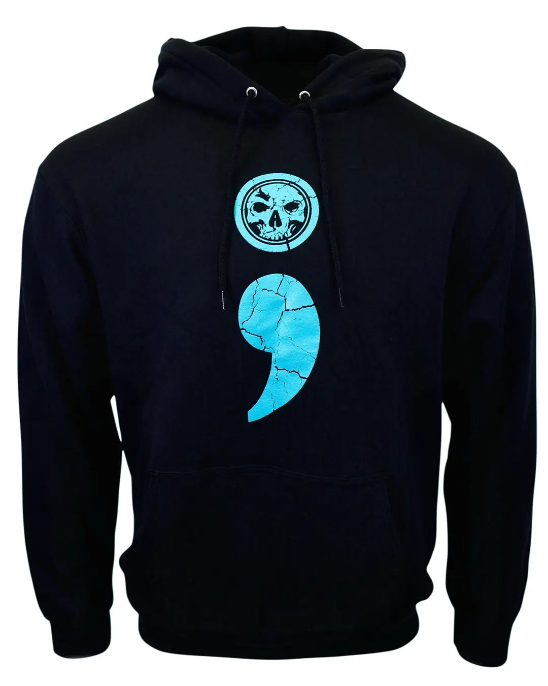 “Semicolon” suicide prevention black unisex hoodie with teal front graphic