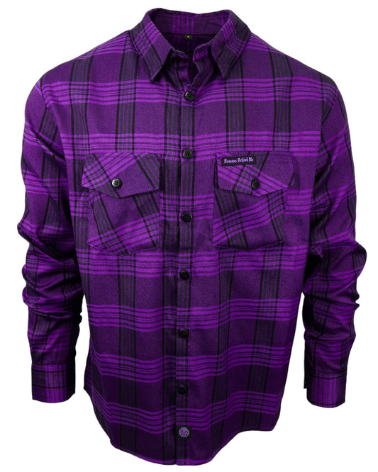 Purple plaid shirt with a brand label on a white background