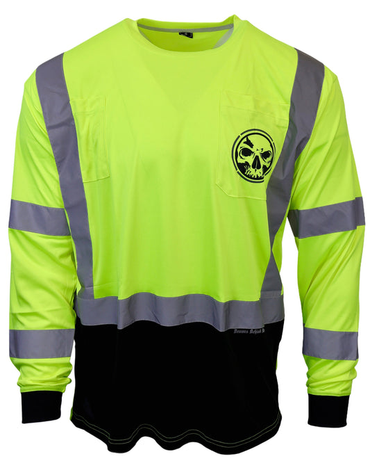 High-visibility safety shirt with reflective stripes and a skull design on a white background