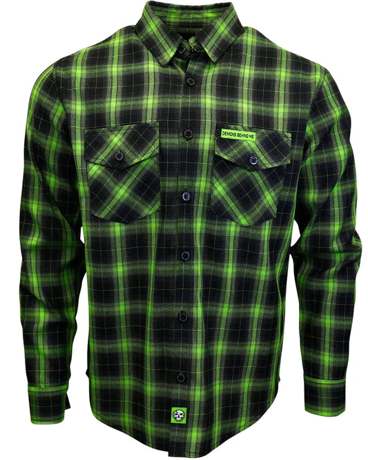 Men’s “Resurgence” 2.0 green and black plaid premium flannel shirt, front view