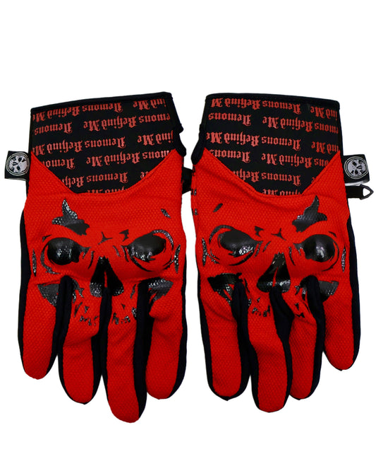 Red gloves with black designs on a white background