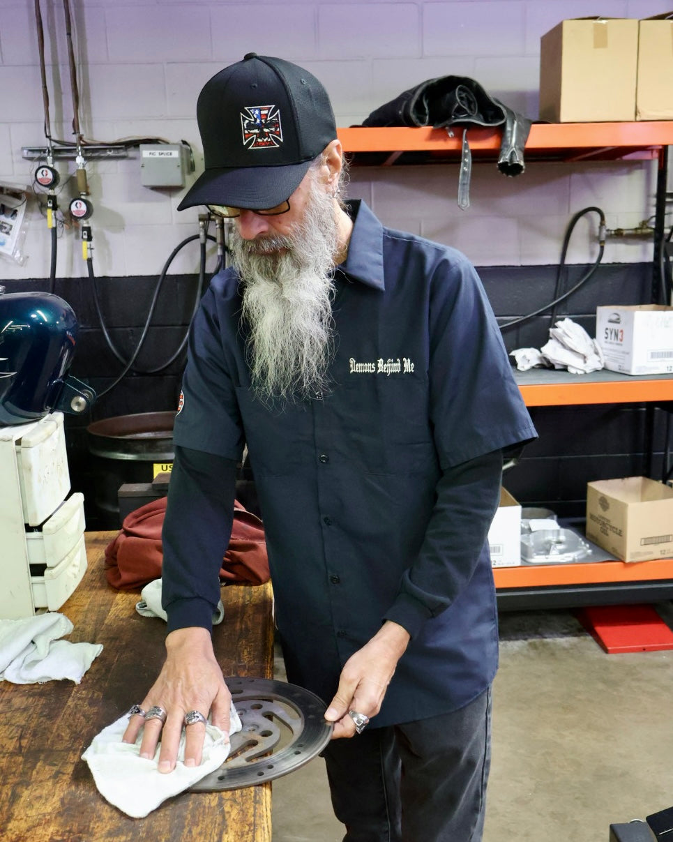 Closeout- Embroidered Shop Shirt - Men's Navy Patriotic