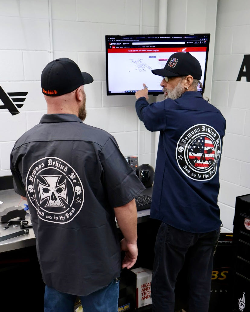 Closeout- Embroidered Shop Shirt - Men's Navy Patriotic