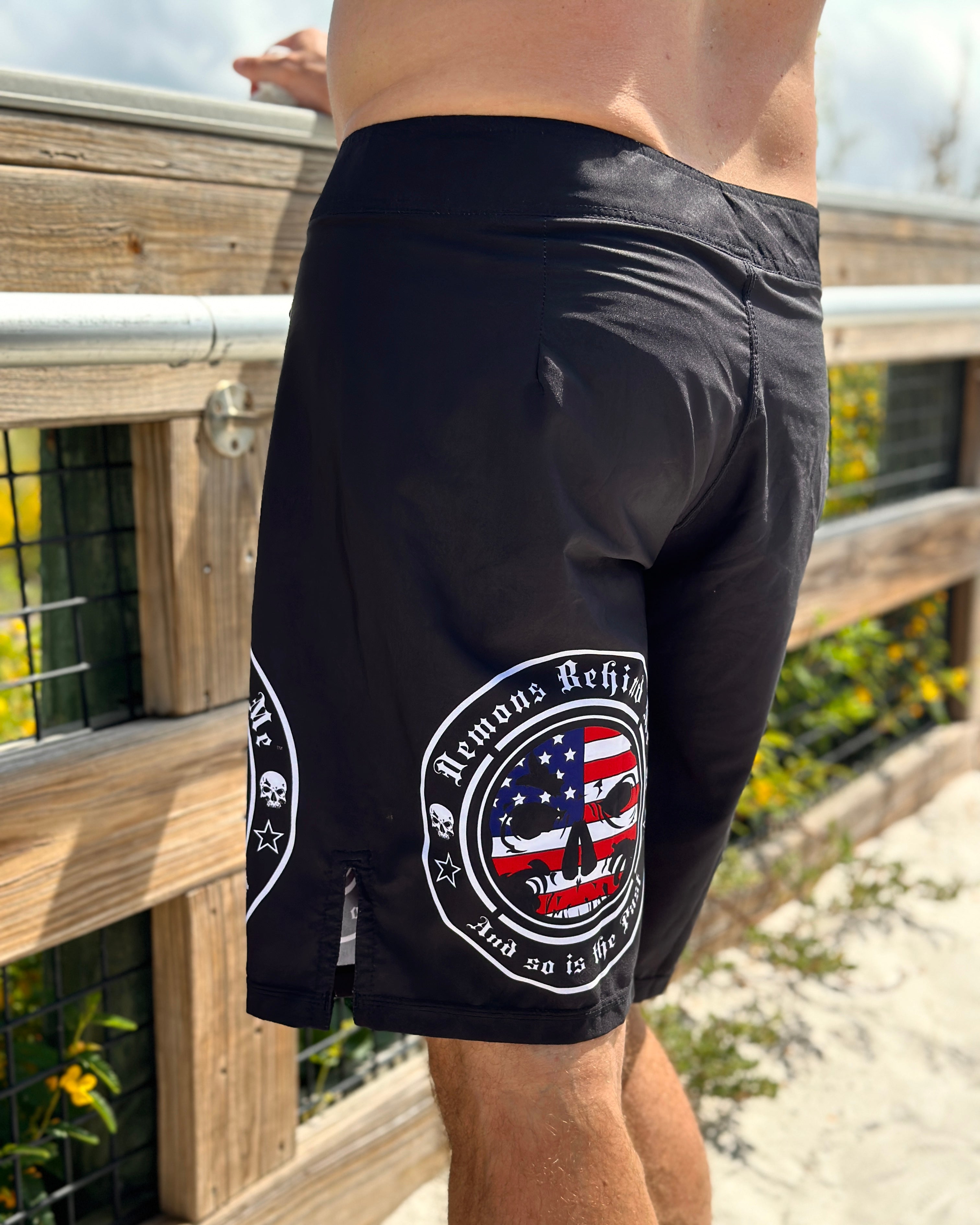 CLOSEOUT- Premium Black Stretch Board Shorts - Patriotic Logo
