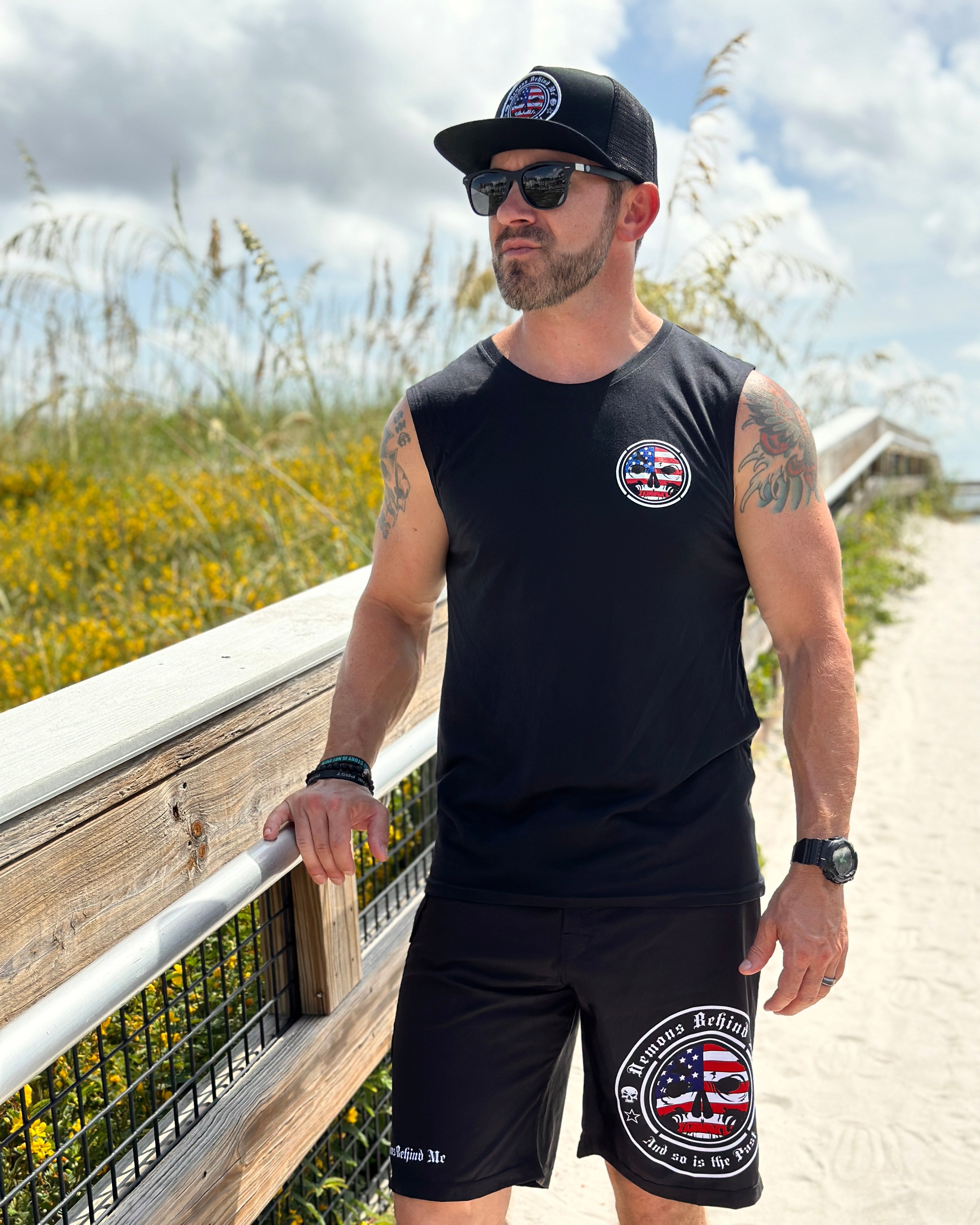 CLOSEOUT- Premium Black Stretch Board Shorts - Patriotic Logo