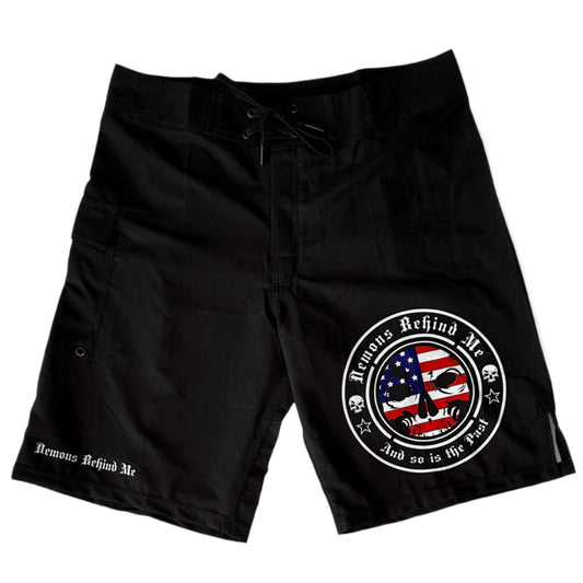 Premium Black Stretch Board Shorts - Patriotic Logo