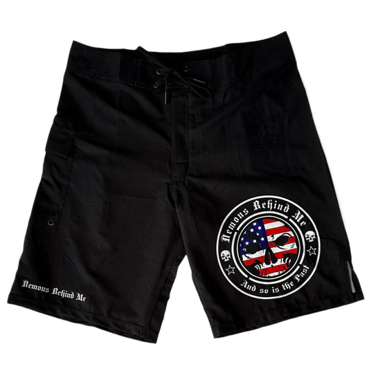 CLOSEOUT- Premium Black Stretch Board Shorts - Patriotic Logo
