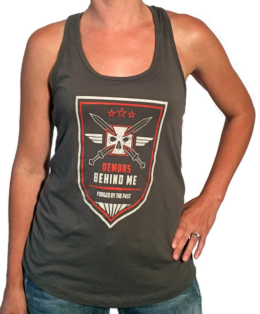Women's "Forged By The Past" Gray Shield Racerback Tank Top