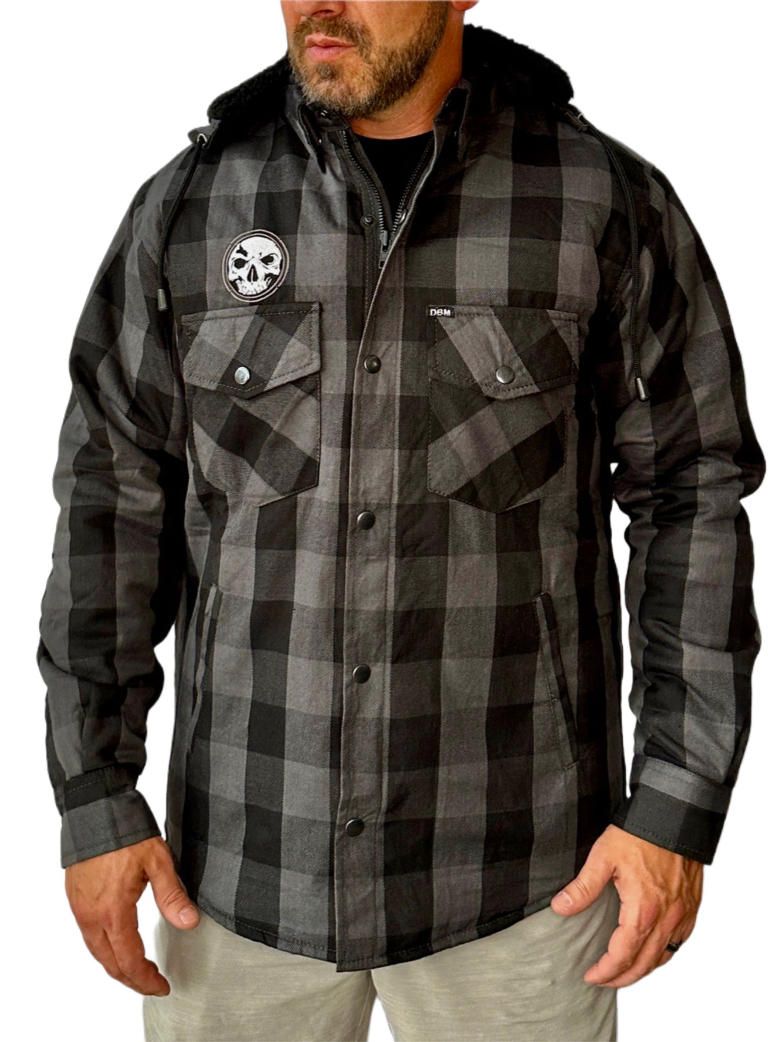 NEW! Heavy-Duty Charcoal & Black Embroidered Flannel Jacket (Removable Hood)