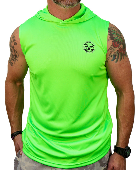 Man wearing a bright green sleeveless hoodie with a logo on a white background