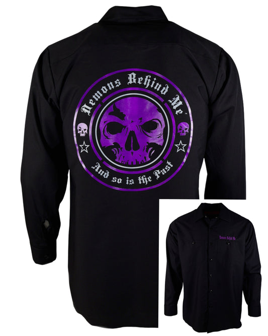 Men's Long Sleeve Black Embroidered Shop Shirt - Purple Logo