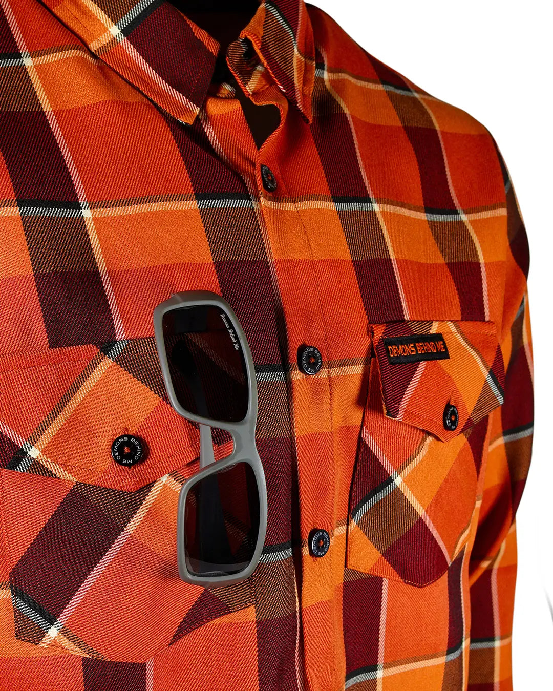 Men’s “Harvest” 2.0 orange plaid premium flannel – front styling detail