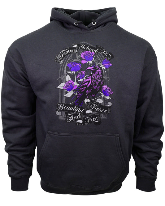 Black hoodie with a purple graphic design featuring a bird and flowers on a white background