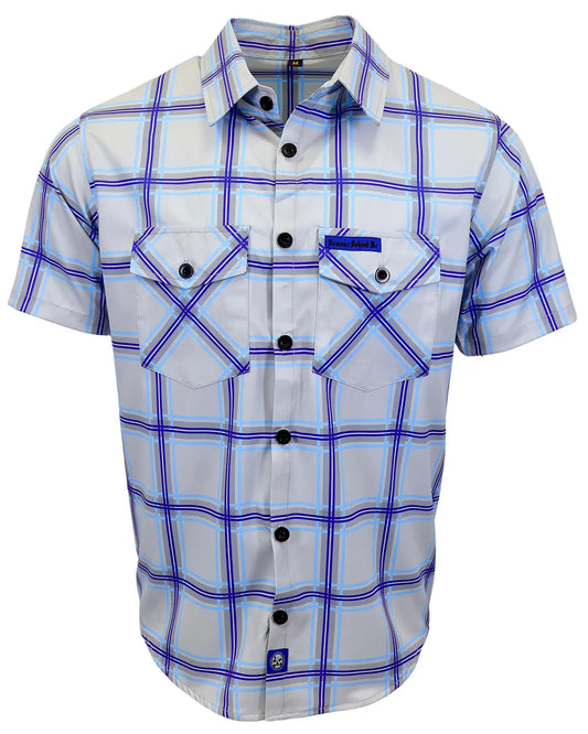 Blue and gray plaid button up shirt shot against a white background