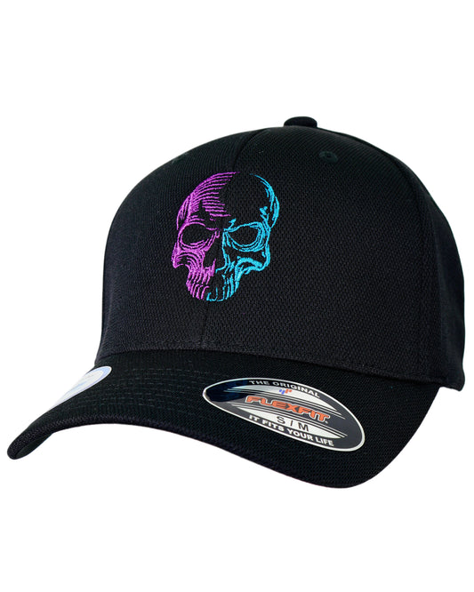 Black cap with colorful skull design on a white background