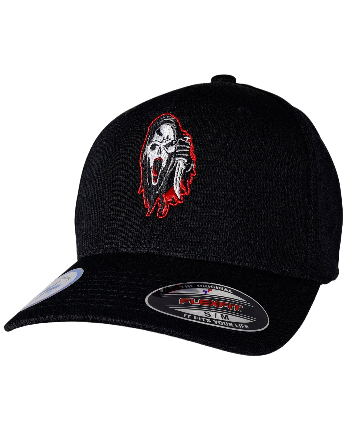 Black cap with a red and white logo on a white background