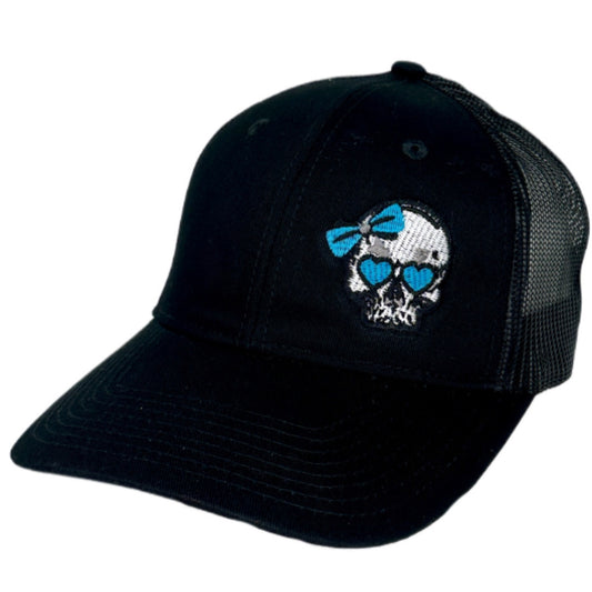 Women's Black Snapback Ponytail Trucker Cap - Blue Bow