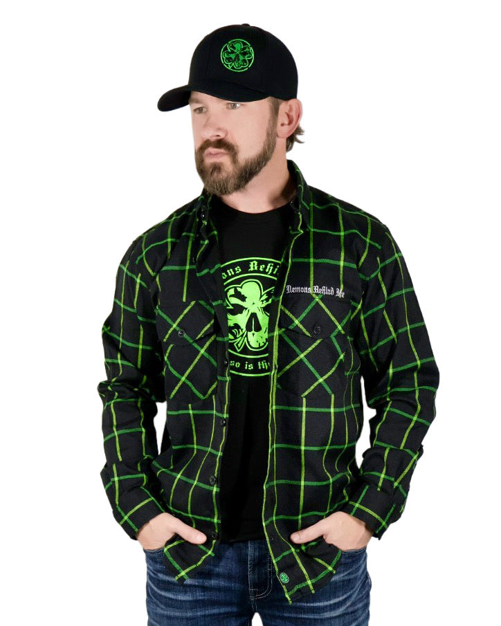 NEW! Black & Green Embroidered Lucky Flannel (Hidden Snap Collars)