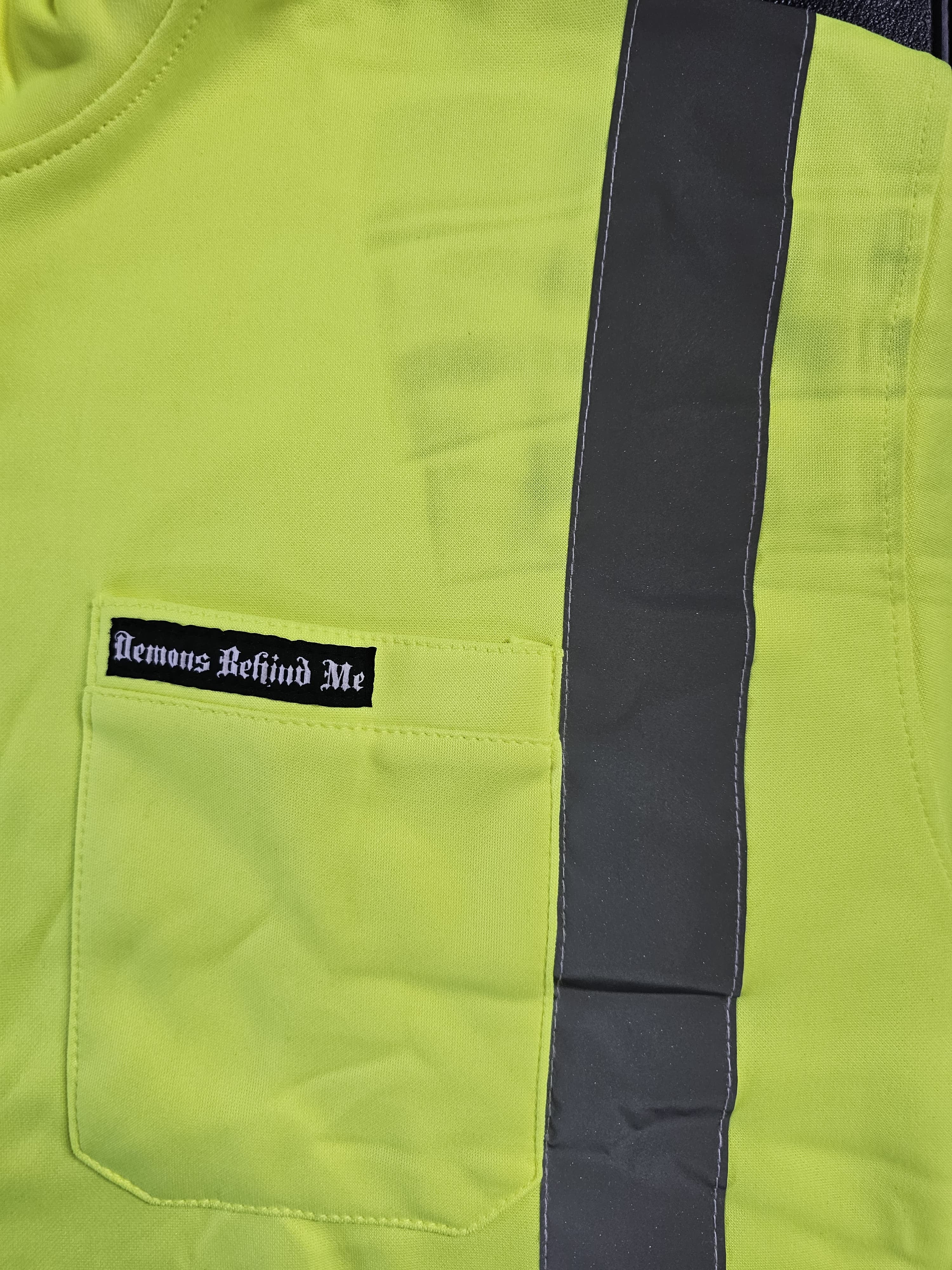 Premium Class 3 Hi-Vis Branded Hoodie chest detail with DBM label, pocket and silver reflective stripe