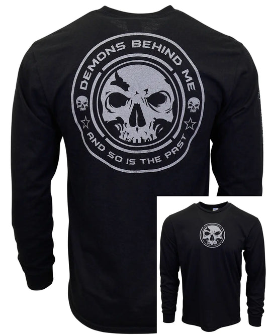 Men’s black “Ghost” reflective-ink long-sleeve tee showing back skull graphic and front chest design