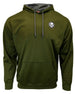 Olive Green Unisex Performance Hooded Sweatshirt, front view with skull chest logo and pouch pocket