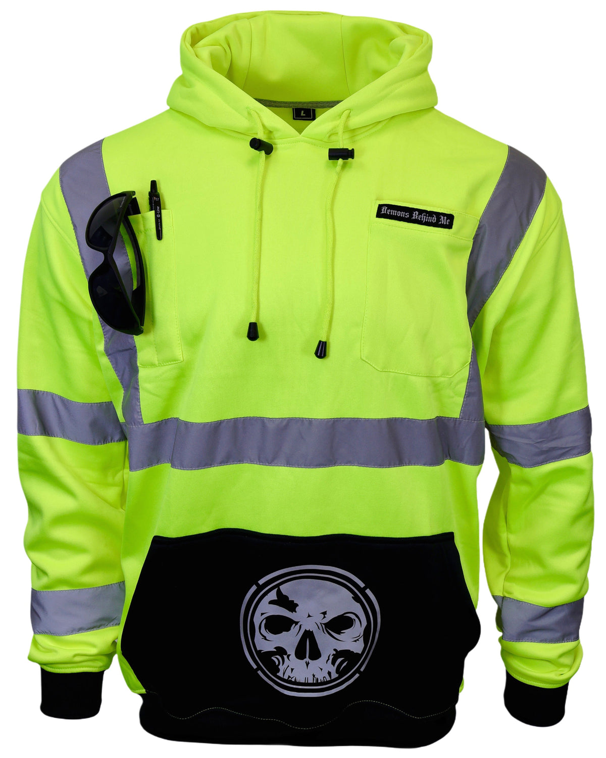 High-visibility hoodie with reflective stripes and a skull design on the back, worn by a person.
