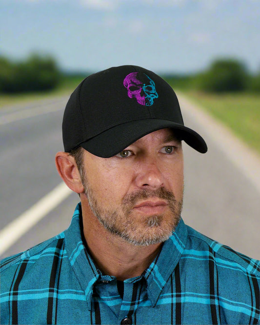 Man wearing a black cap with a colorful design on a white background