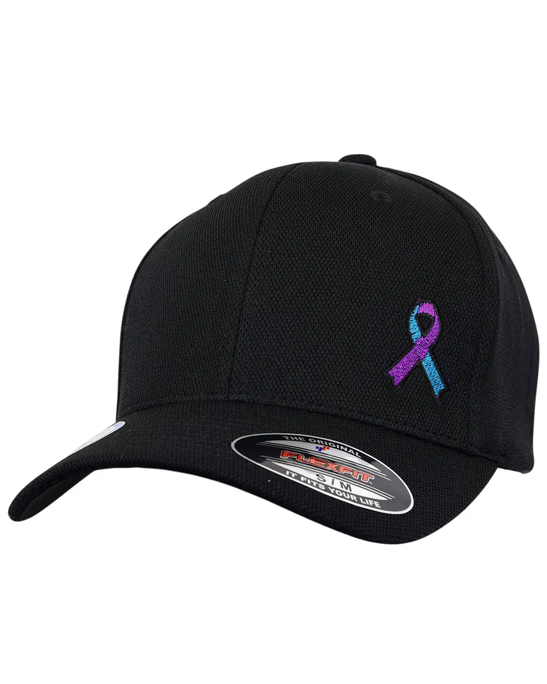 Front view of black “Never Fade” suicide prevention cap with purple-and-teal ribbon embroidery