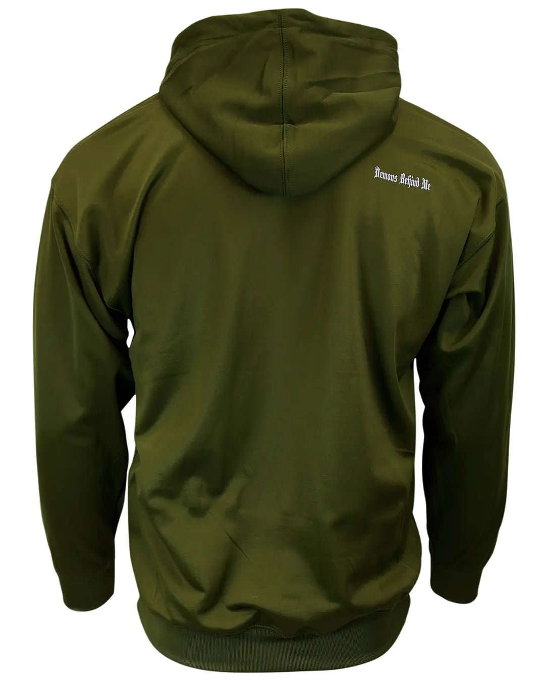 Olive Green Unisex Performance Hooded Sweatshirt, back view with Demons Behind Me lettering