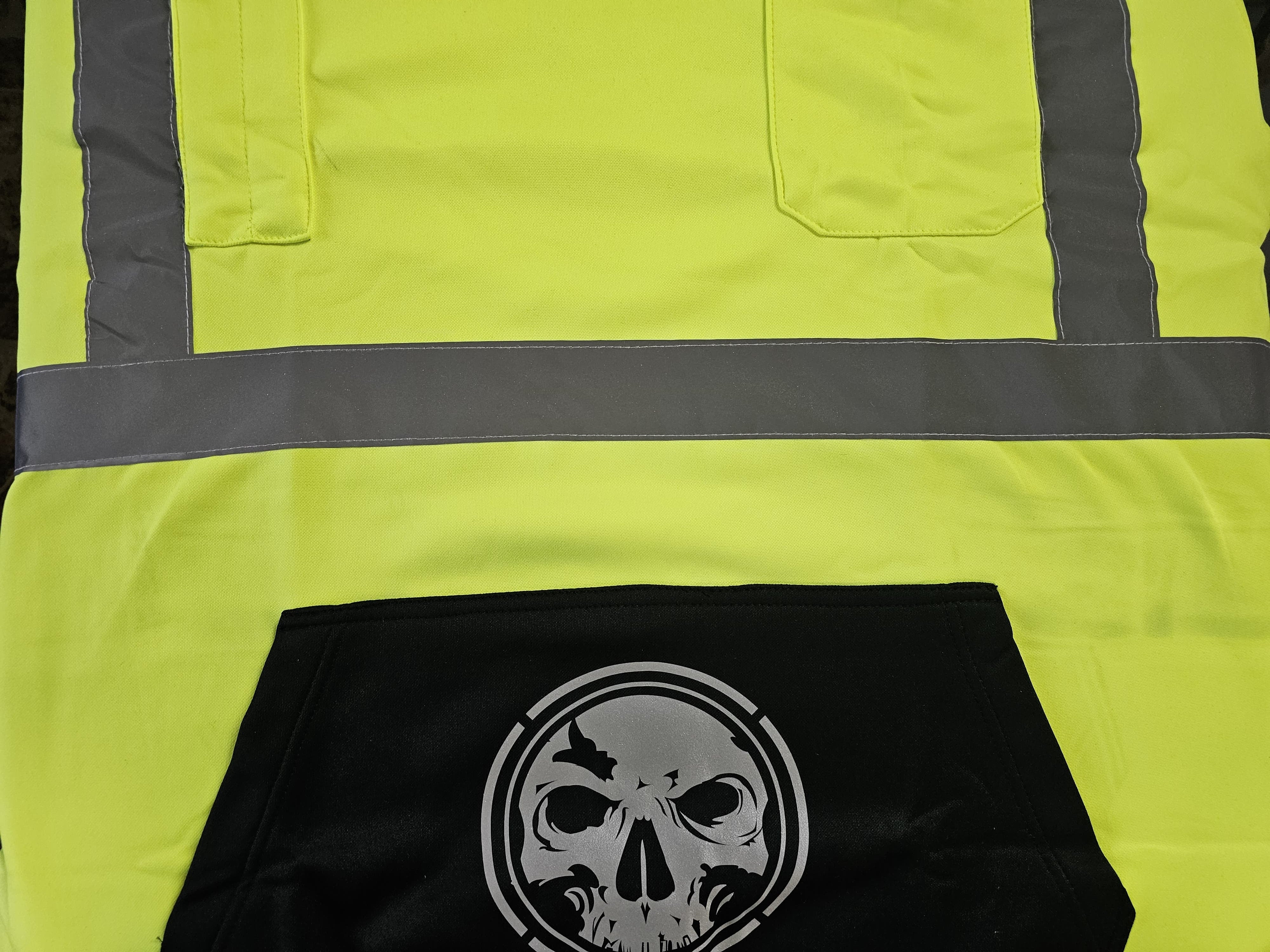 Premium Class 3 Hi-Vis Branded Hoodie front pouch with reflective skull logo and silver reflective striping