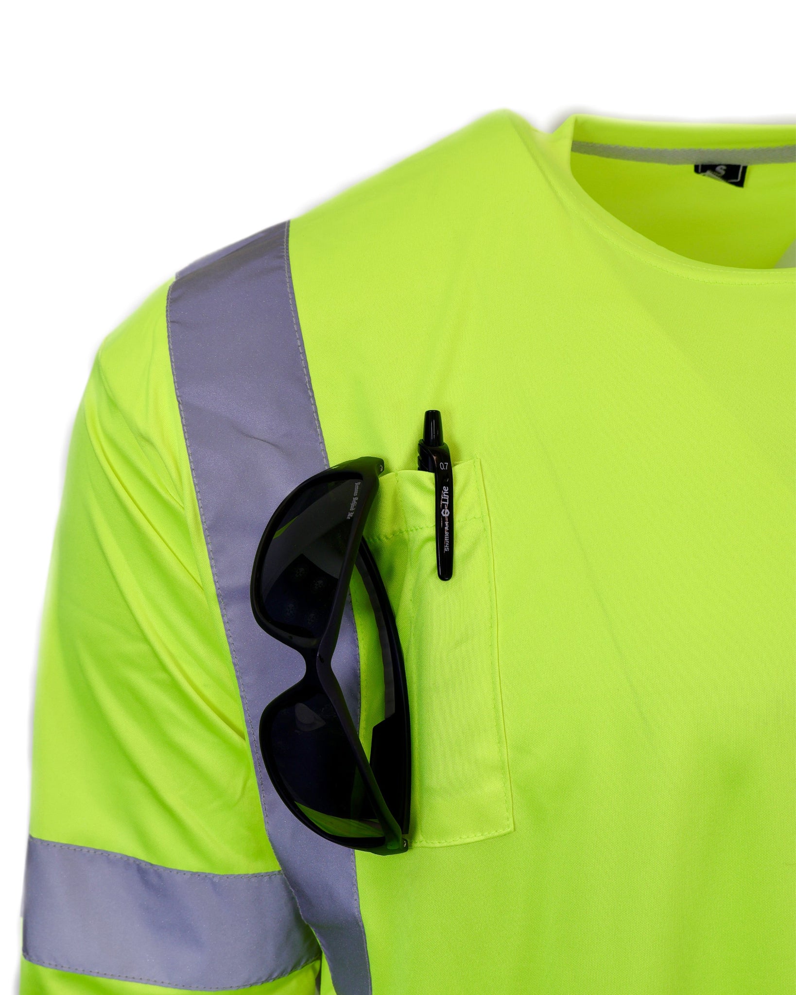 High-visibility shirt with a pocket holding sunglasses on a white background